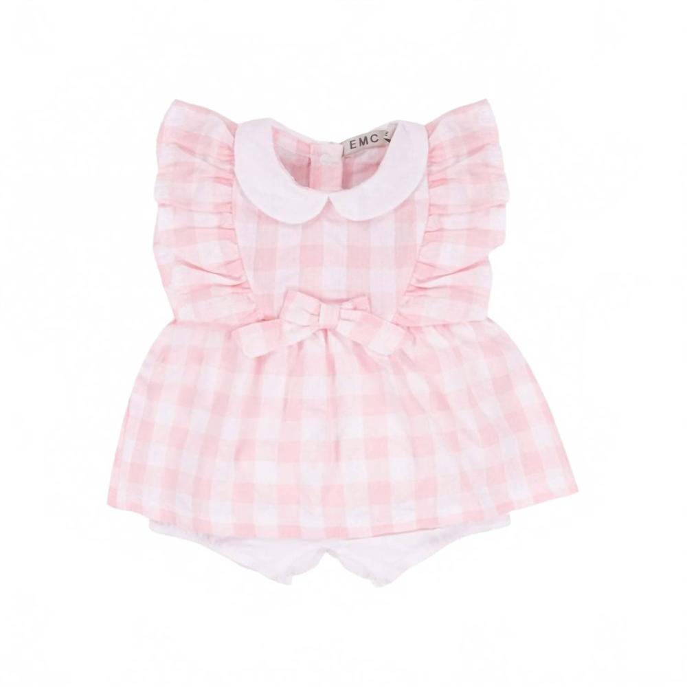 NEW EMC girls seersucker romper in white / pink